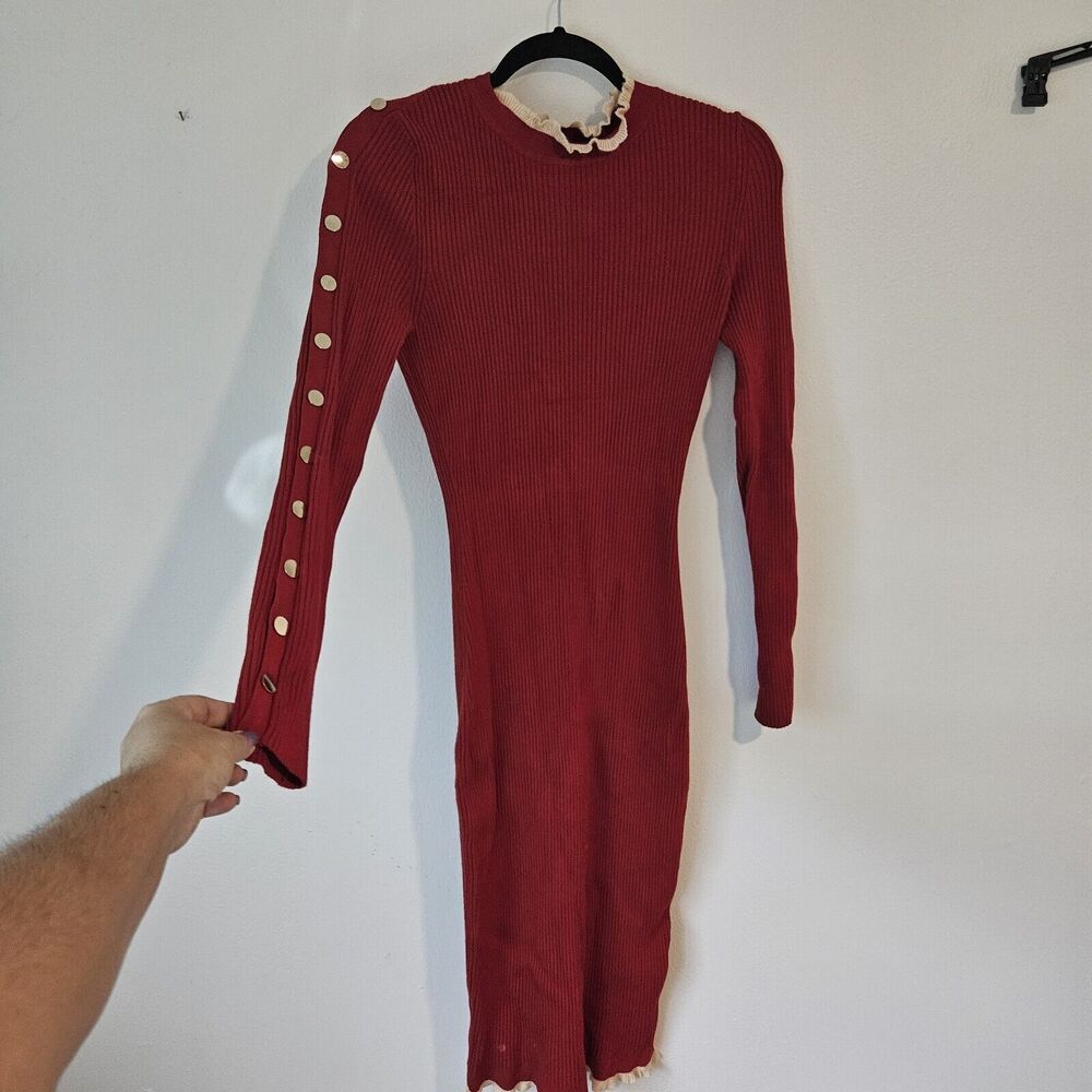 BEBE RED Body Con DRESS Christmas Holiday Large Warm Buttons. Sexy Ribbed